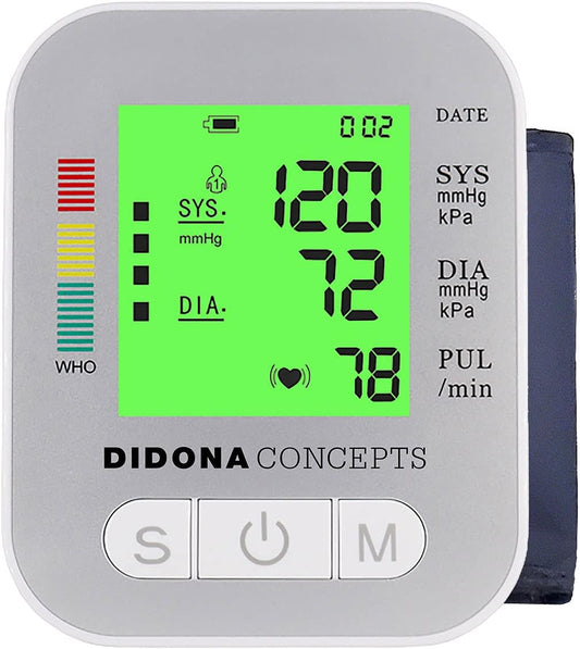 English Voice Automatic Upper Arm Blood Pressure Monitor DIDONA CONCEPTS, 3-Color LED Backlit Screen, Large 9-17 Inch Arm Cuff, 194 Memory Capacity with Batteries, USB Cord